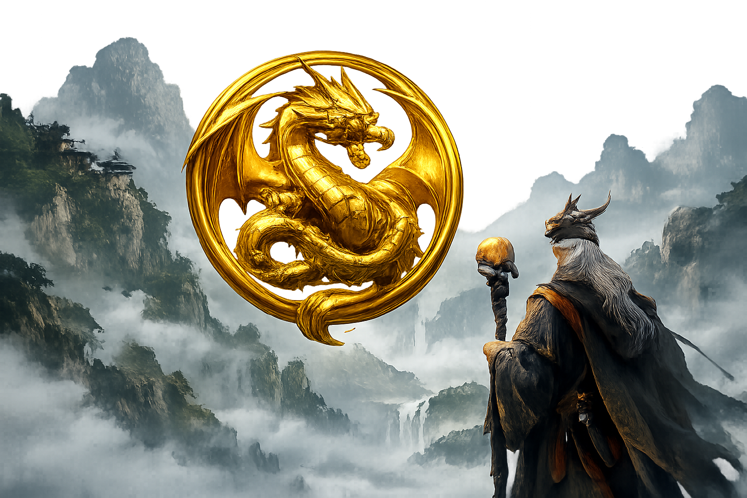 Golden Dragon Emblem floating over ancient misty mountains
