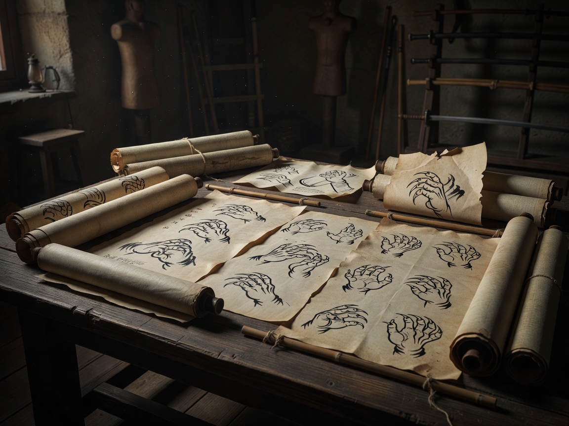 A collection of ancient kung fu training scrolls detailing tiger claw methods
