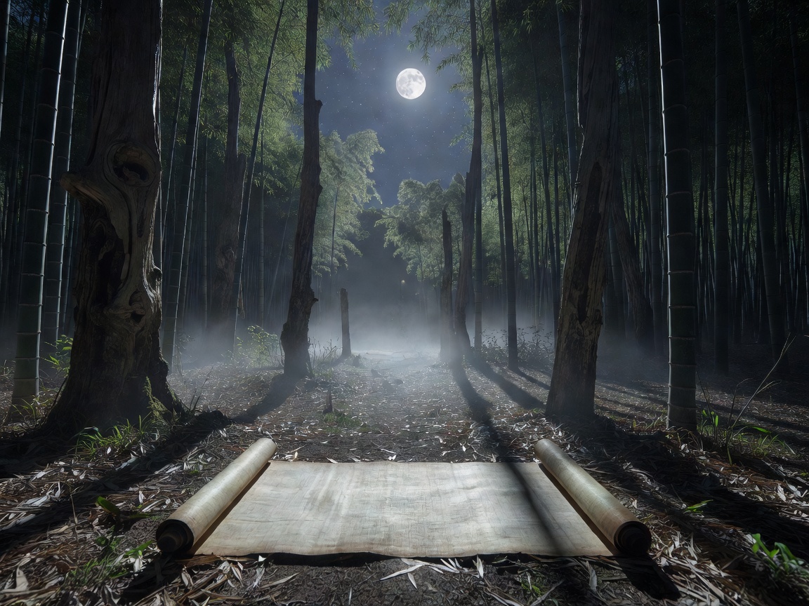 Ancient bamboo forest clearing under a bright silver full moon