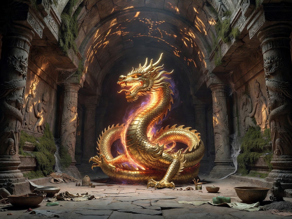 A golden dragon statue glowing with internal mystical fires inside an ancient temple vault