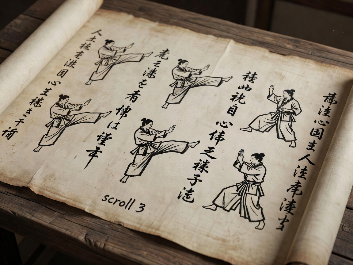 Unrolled parchment scroll showing intricate martial arts illustrations and brushwork characters